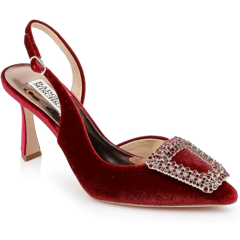 Badgley Mischka Red Velvet Slingback Heels with Crystal Buckle